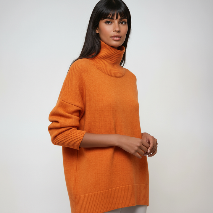 Jersey casual de cuello alto oversize para mujer. Moda femenina de invierno, estilo relajado y moderno.