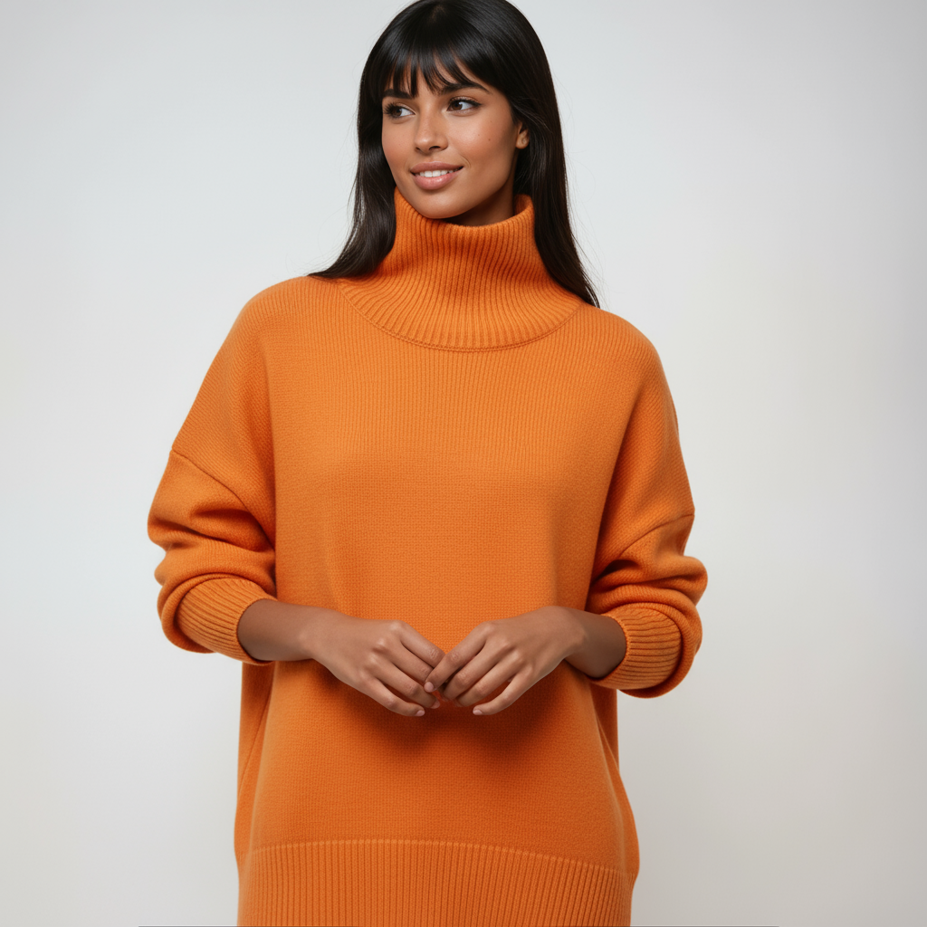 Jersey oversize para mujer, cuello alto, estilo relajado. Suéter casual y cómodo, moda de invierno.