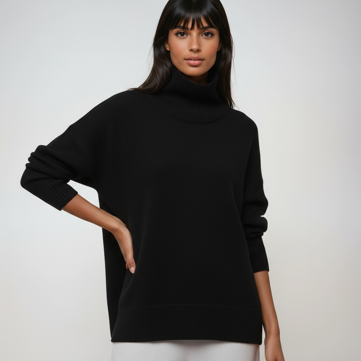 Jersey de cuello alto oversize para mujer, estilo relajado. Ideal para un look casual y cálido en invierno.