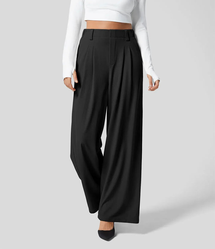 Pantalón versátil para mujer, cintura alta y pierna ancha, combina elegancia y comodidad.
