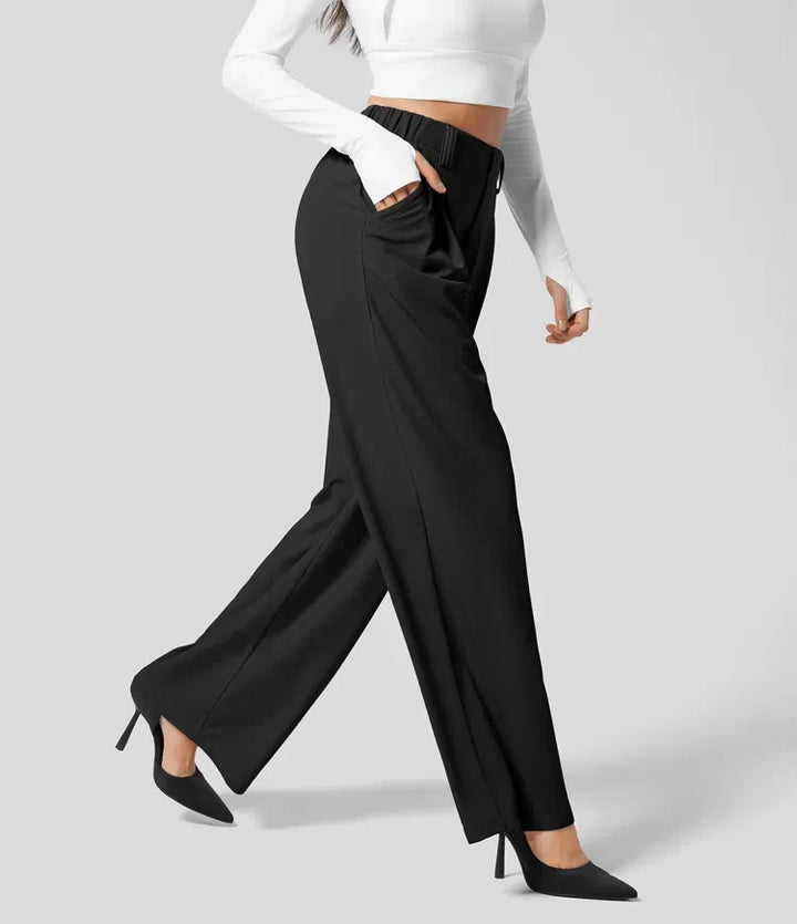 Pantalón largo de mujer, estilo casual y chic, con cintura alta y pernera ancha.