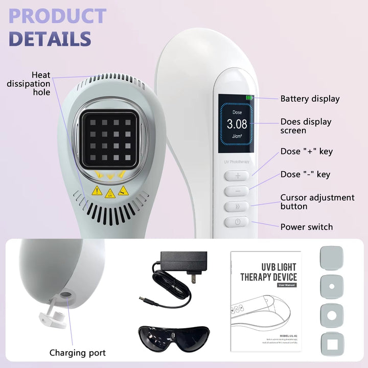 Realiza fototerapia UVB 308nm en casa con este dispositivo compacto. Cuidado cutáneo avanzado.