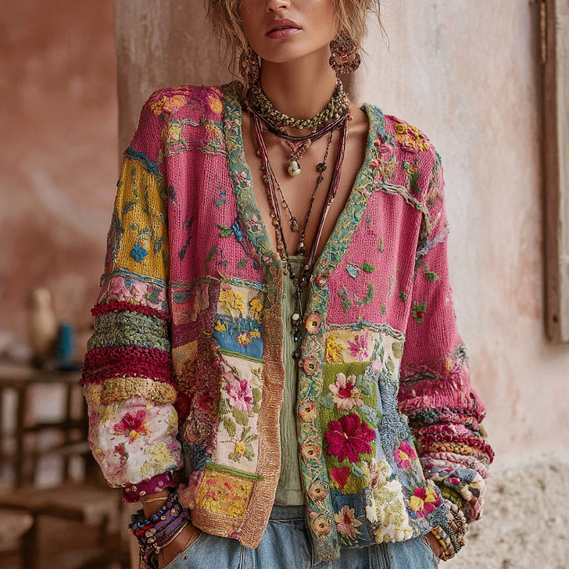 Cárdigan bohemio patchwork rosa para mujer con bordado floral vintage. Abrigo de moda femenino.