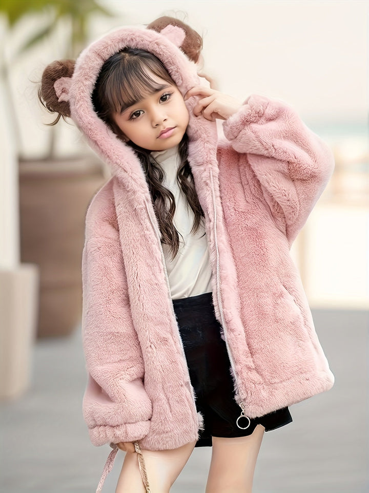 Chaqueta de niña con capucha de orejitas, abrigo suave y cálido para el frío. Estilo casual.