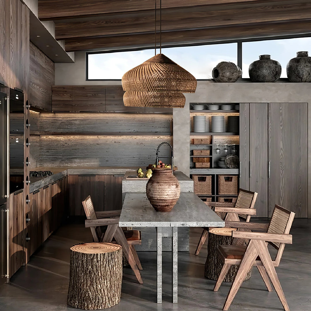Luz colgante artesanal, estilo arpa, ideal para un diseño interior cálido y natural.