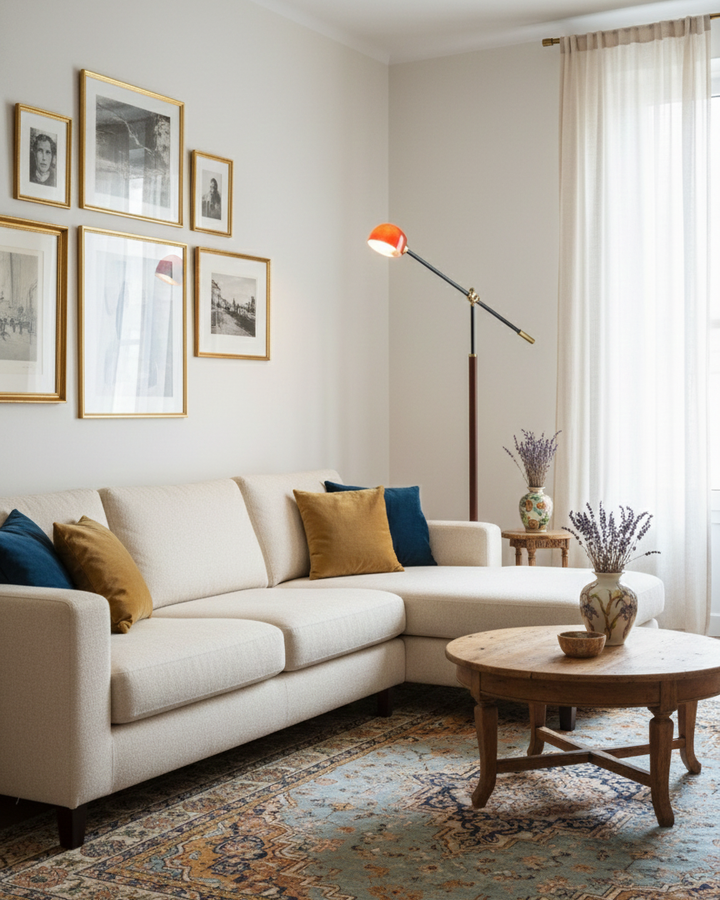 Lámpara de pie moderna con brazo oscilante, columna de madera y detalles metálicos para salón.