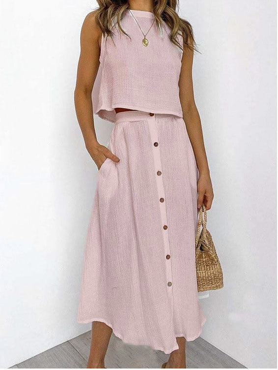 Falda casual midi del conjunto de dos piezas. Estilo cómodo y versátil para mujer, perfecta para verano.