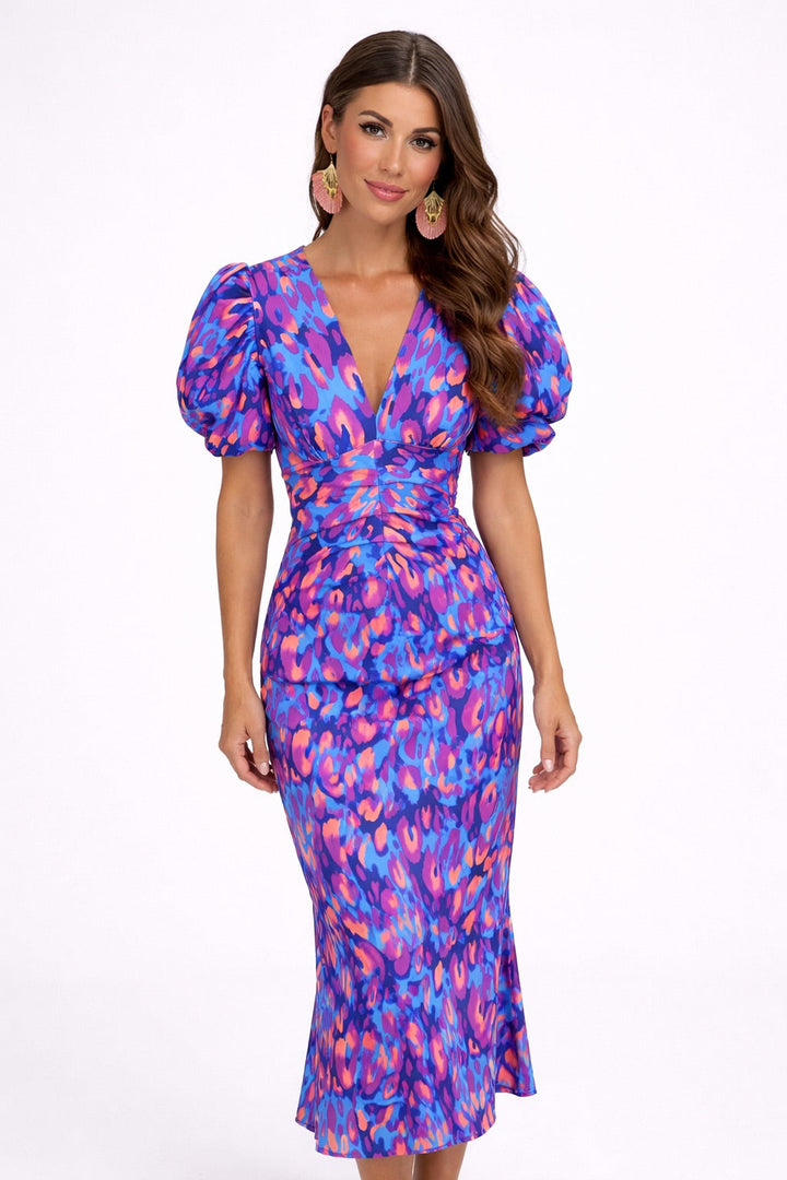 Vestido midi elegante para mujer con mangas abullonadas y delicado detalle calado, ideal para fiesta y eventos.