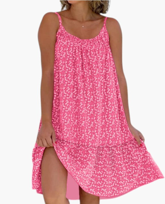 Vestido estampado tropical para mujer. Ligero, fresco y fluido, perfecto para la playa y días de vacaciones.