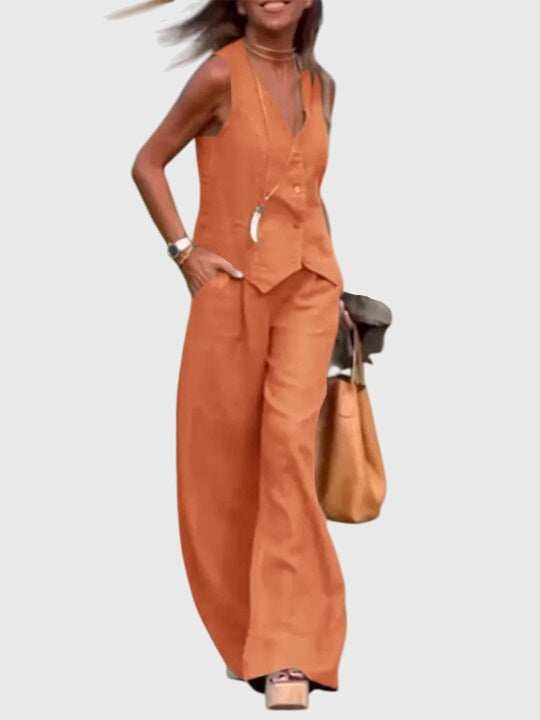 Chaleco y pantalón ancho para mujer, un conjunto de dos piezas elegante y cómodo para cualquier ocasión.