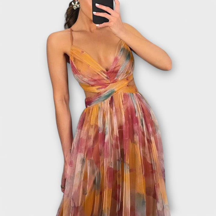Vestido floral degradado de corte maxi y estilo fluido para mujer, elegancia versátil para cualquier ocasión.