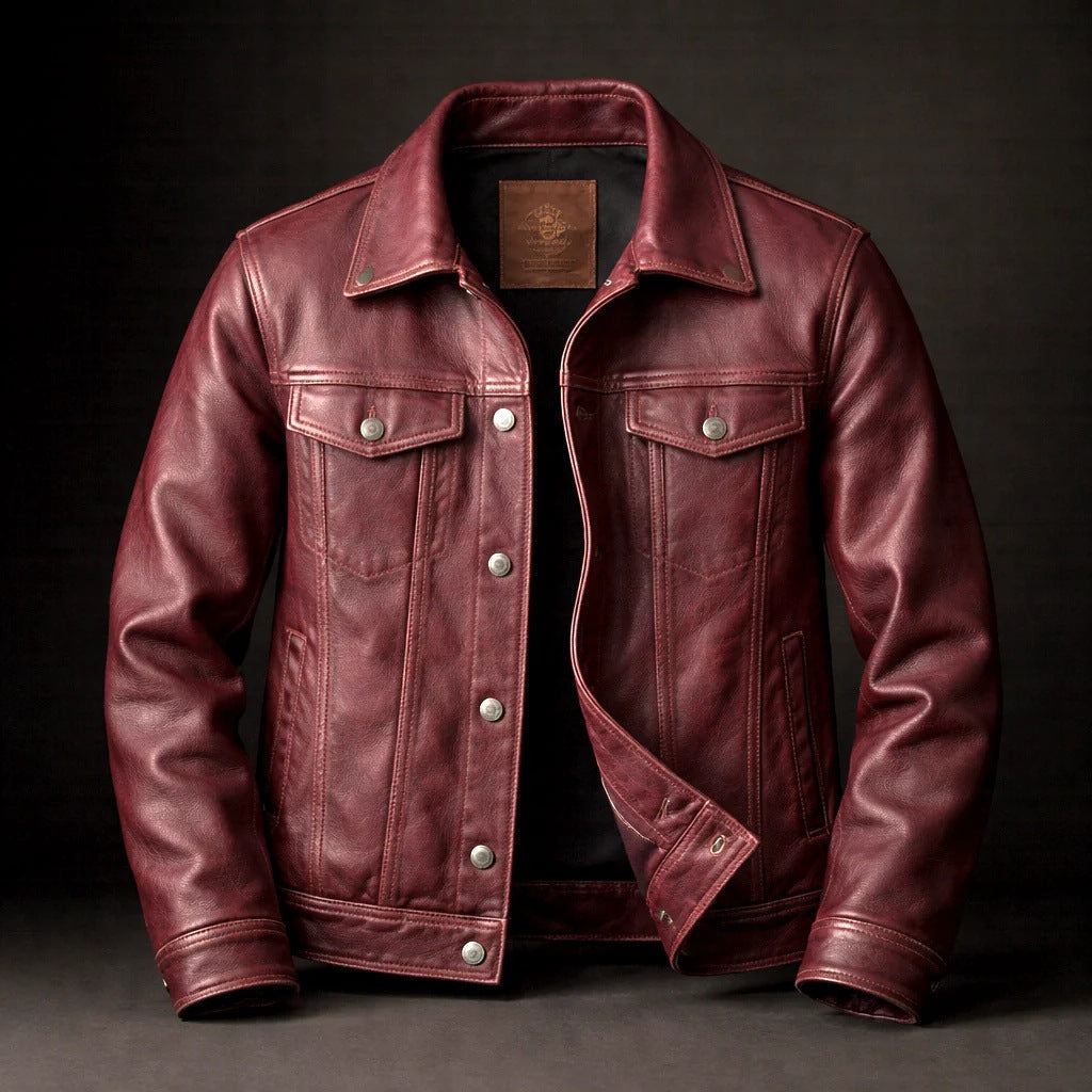 Chaqueta de cuero sintético negra para hombre, estilo americano retro con solapa. Moda masculina workwear casual.