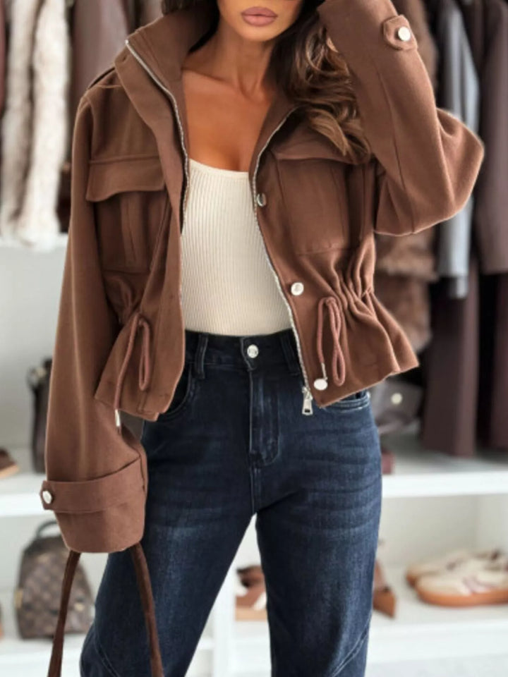 Abrigo ligero para mujer con cordón ajustable en la cintura. Chaqueta casual de moda con botones.