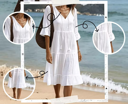 Modelo de mujer vistiendo un vestido midi bohemio con escote V, mangas acampanadas, look casual de verano.