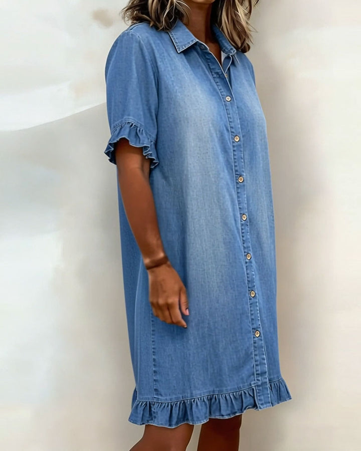 Vestido de mujer con volantes y botones, estilo casual. Ligero y cómodo, perfecto para la moda de verano y primavera.