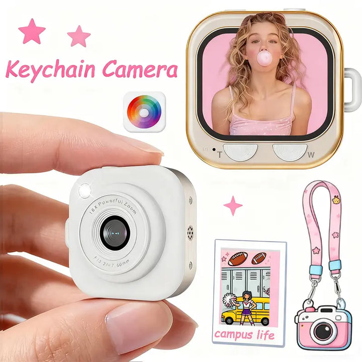 Llavero cámara digital compacta y portátil, ideal para documentar tus aventuras al estilo Y2K.