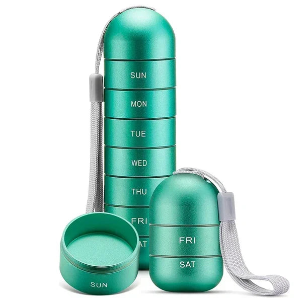 Pastillero portátil de aluminio, organizador semanal para medicamentos y suplementos en viaje.