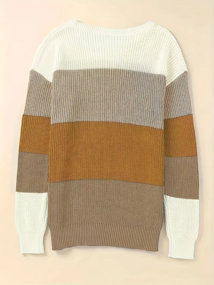 Suéter multicolor de mujer, cuello redondo, que combina comodidad y un estilo casual elegante.
