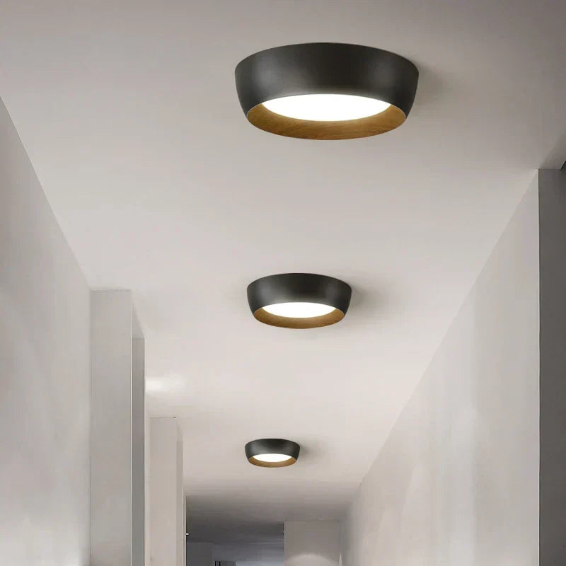Lámpara de techo minimalista, redonda, con detalle de madera. Proporciona luz LED moderna para cualquier hogar.