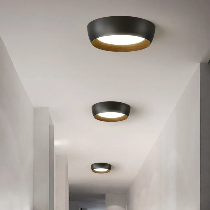 Lámpara de techo minimalista, redonda, con detalle de madera. Proporciona luz LED moderna para cualquier hogar.