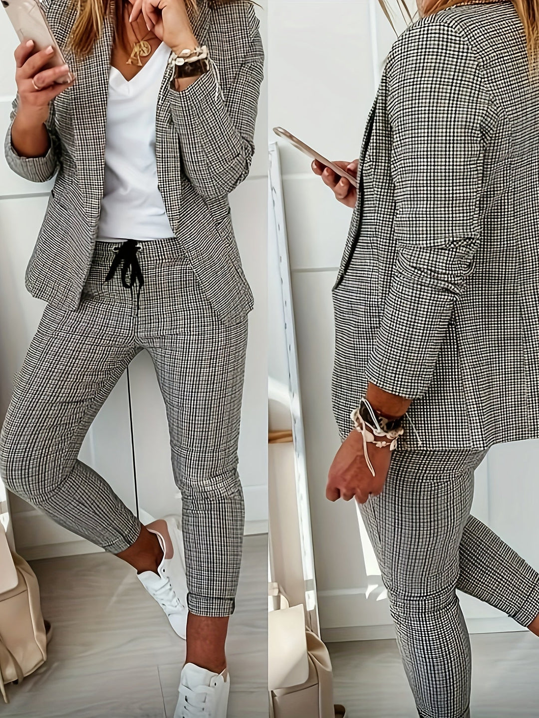 Conjunto gris elegante de blazer y pantalón para mujer. Estilo profesional y casual para oficina o eventos.