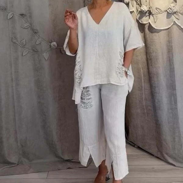 Conjunto casual fluido de dos piezas para mujer con escote V, ideal para primavera/verano, cómodo y elegante.