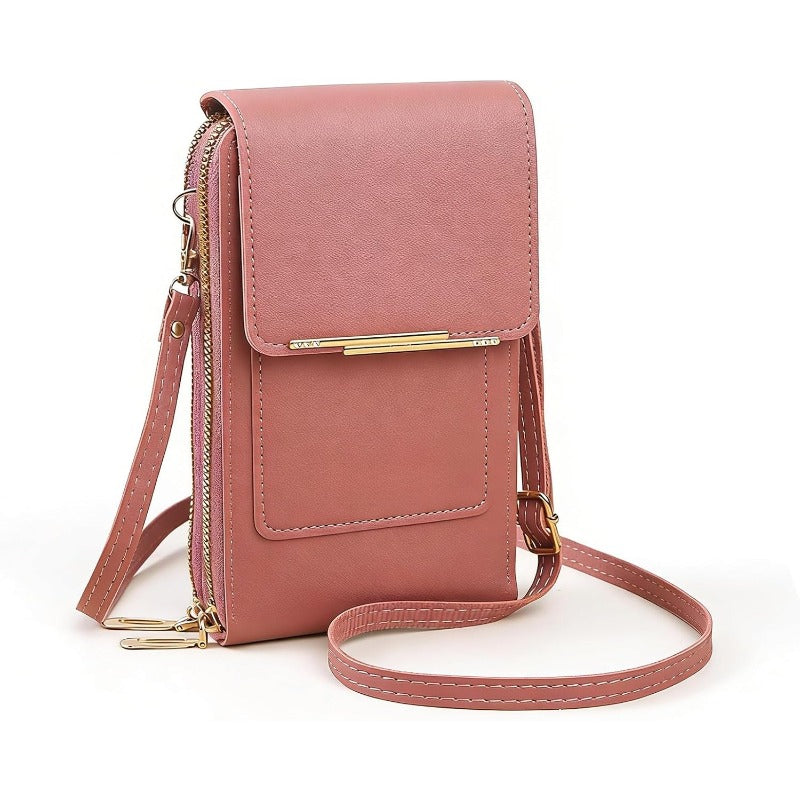 Billetera moderna y segura para mujer, con protección RFID y soporte para teléfono.