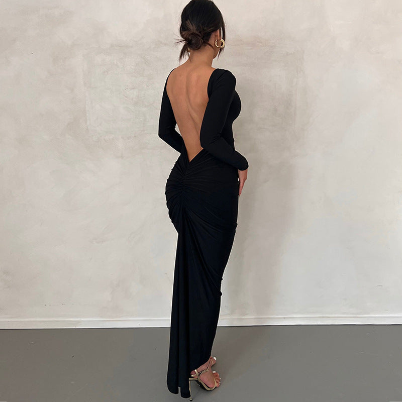 Vestido de mujer con escote en la espalda y manga larga, elegante para bodas y fiestas de primavera.