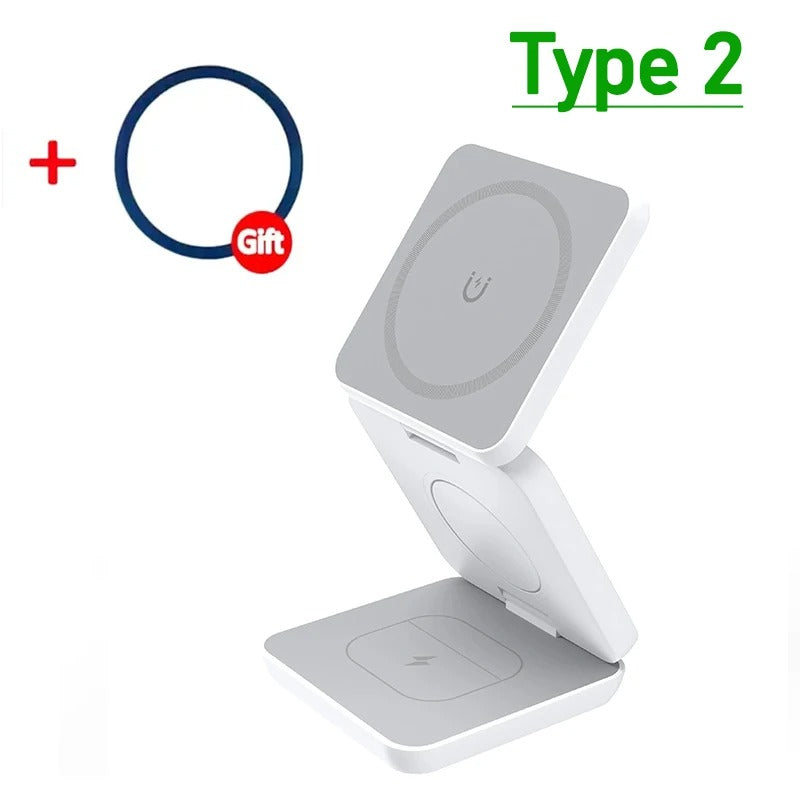 Olvídate de los cables con este cargador magnético plegable 3 en 1. Carga rápida 30W, organiza tu espacio.