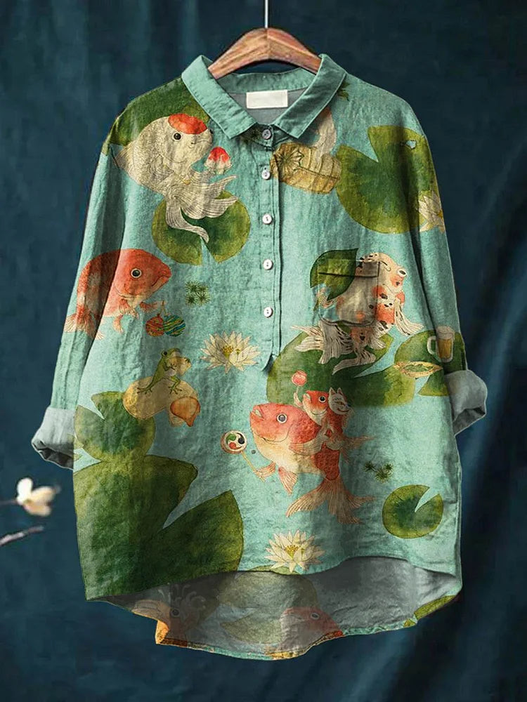 Camisa de algodón de mujer, estampado artístico abstracto de animales, manga larga y estilo cómodo casual.