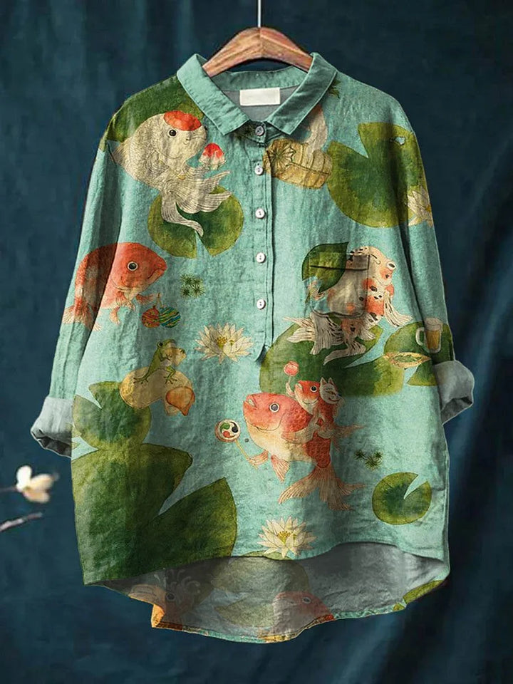 Camisa de algodón de mujer, estampado artístico abstracto de animales, manga larga y estilo cómodo casual.