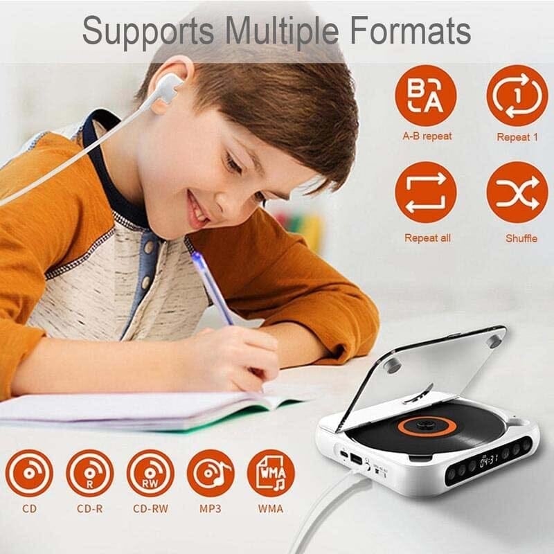 Elegante reproductor de CD portátil negro con Bluetooth, sonido Hi-Fi y carga USB-C.