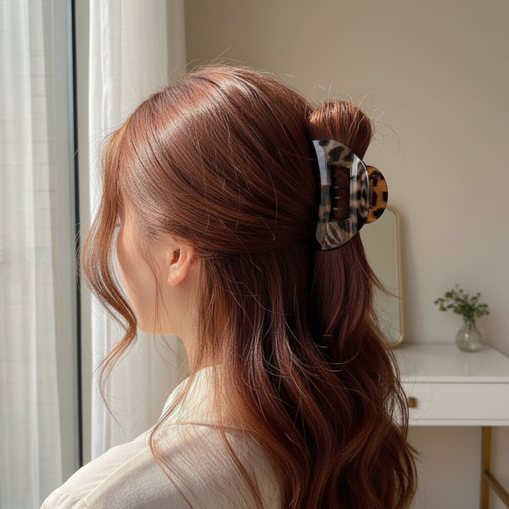Garra de cabello de plástico negro, diseñada para sujetar cabello grueso. Estilo mujer elegante y seguro.