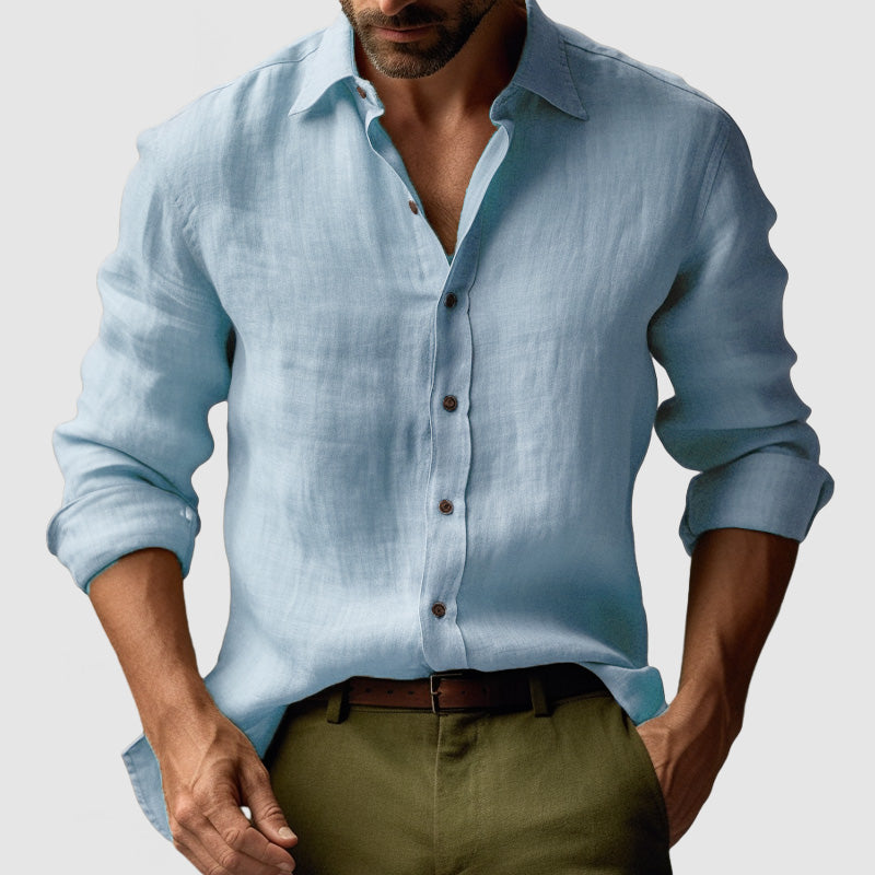 Camisa vintage de manga larga para hombre, color azul. Estilo casual elegante y versátil.
