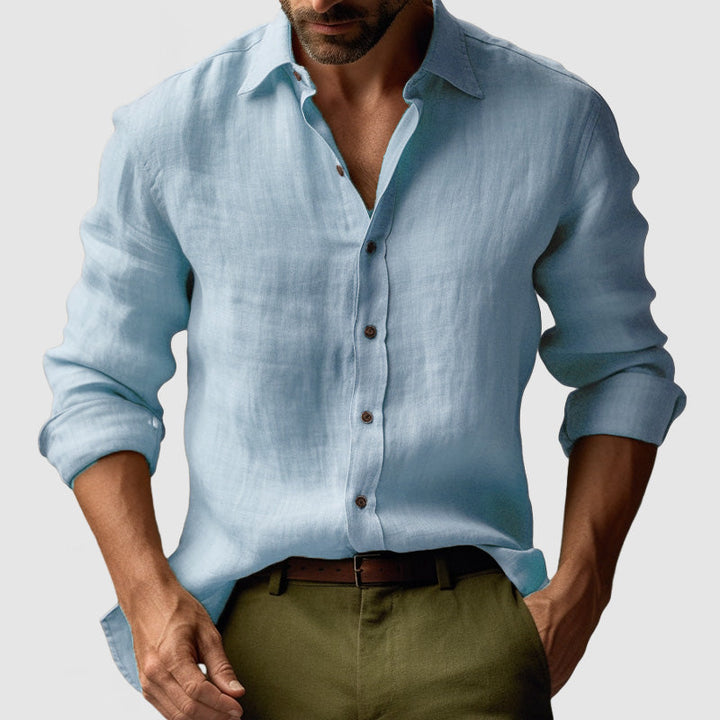 Camisa vintage de manga larga para hombre, color azul. Estilo casual elegante y versátil.