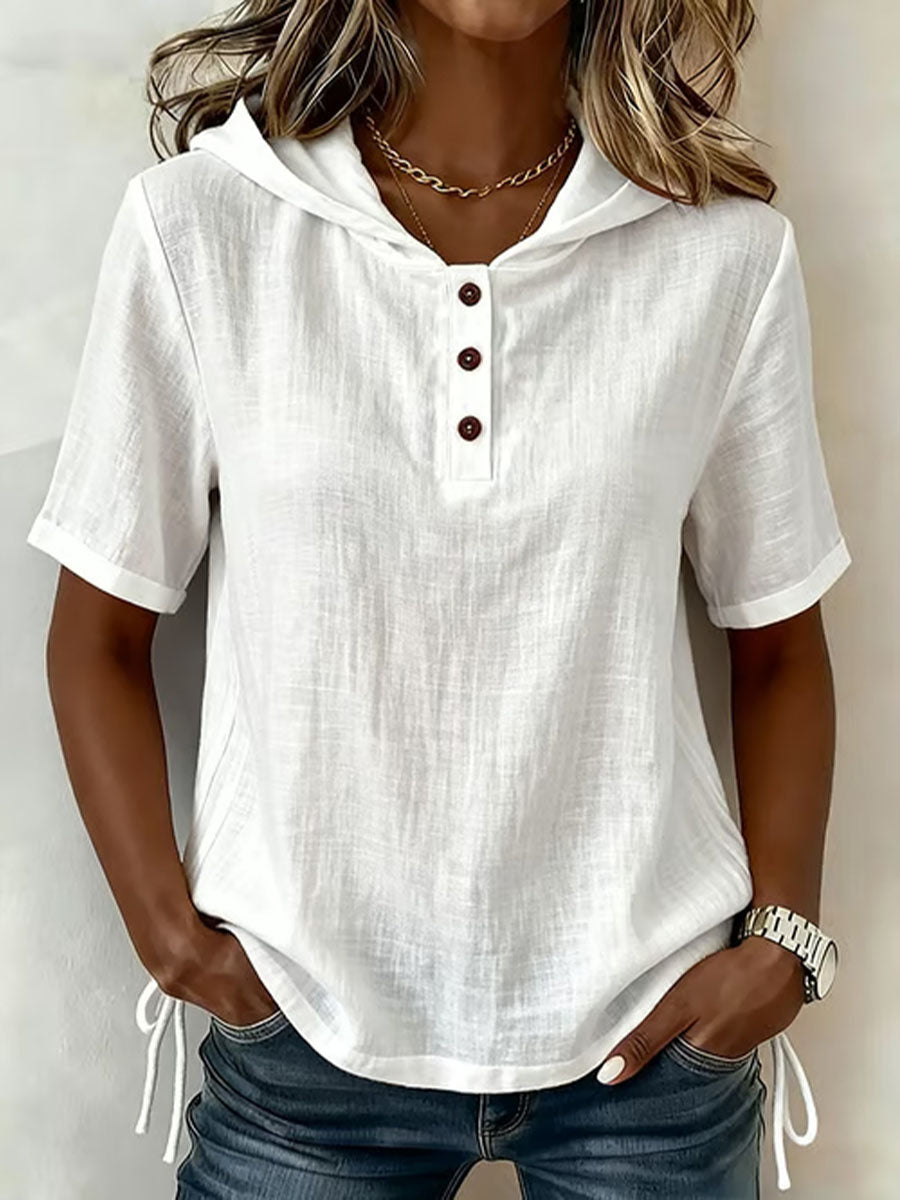 Top mujer casual con capucha, botones frontales y manga corta, ideal para verano.