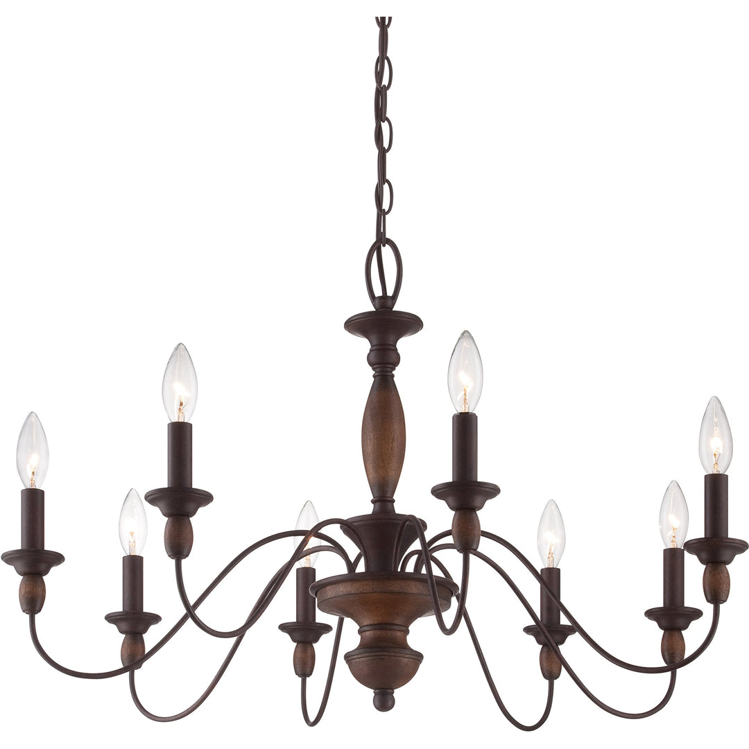 Candelabro moderno con acabado en madera y metal, ideal para iluminar el comedor.
