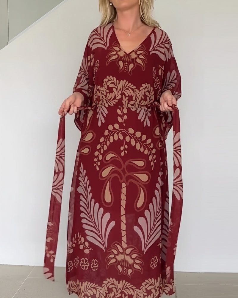 Vestido largo casual bohemio con estampado de hojas para mujer. Cómodo, versátil y con estilo veraniego.
