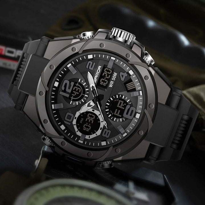 Reloj deportivo militar multifuncional, con caja de acero inoxidable y correa de silicona resistente.