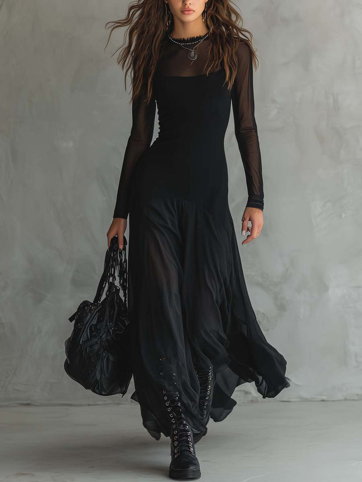 Vestido maxi negro elegante para mujer con mangas transparentes, ideal para noche sofisticada y moda femenina.