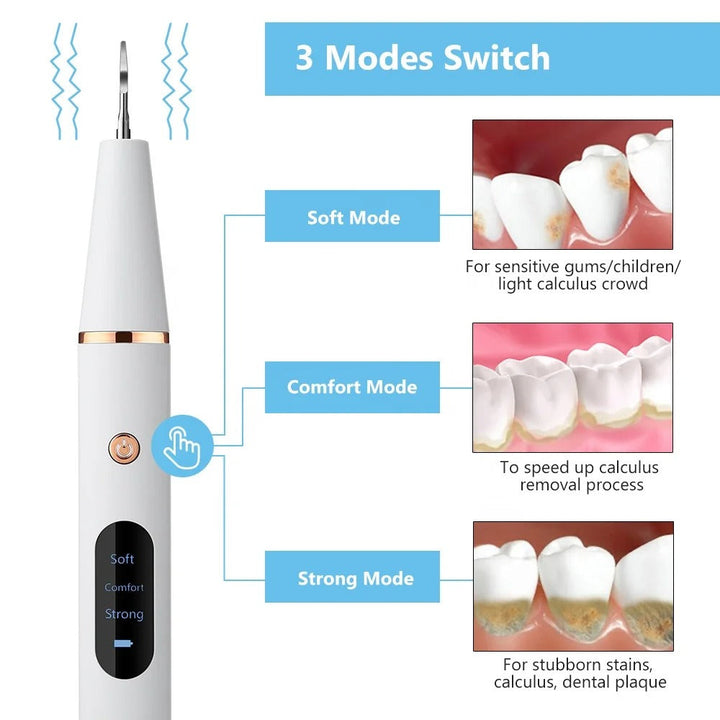 Kit completo de cuidado bucal con removedor de placa ultrasónico para una higiene dental profunda.
