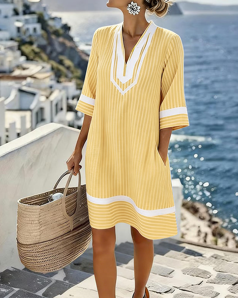 Vestido casual de verano para mujer con estampado de rayas y cuello V, manga corta.