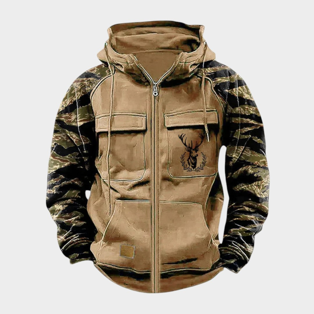 Chaqueta de hombre militar vintage, estilo retro casual. Abrigo de moda para looks de otoño e invierno.