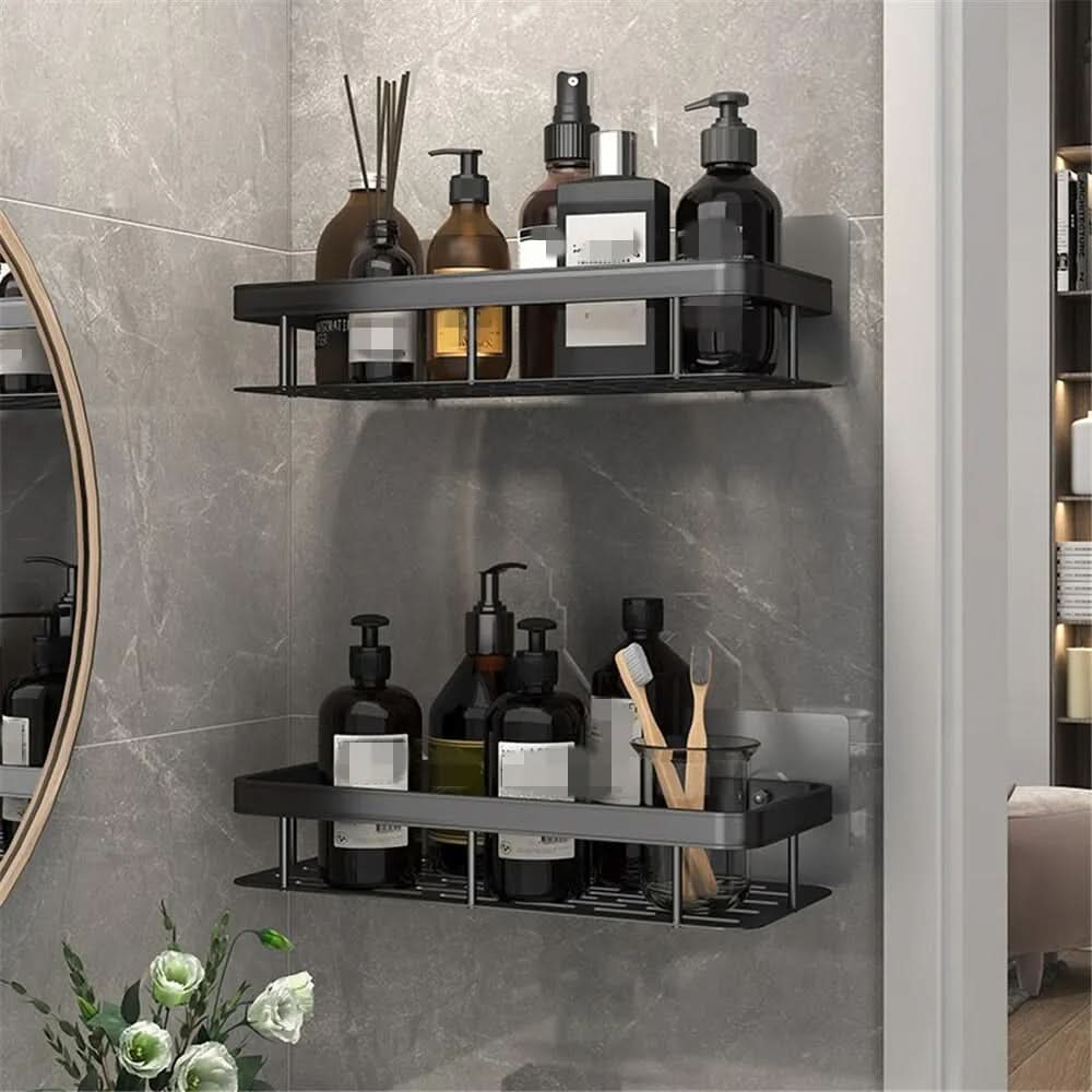Estante de ducha adhesivo, sin perforaciones, duradero. Accesorio moderno para un baño organizado y estético.