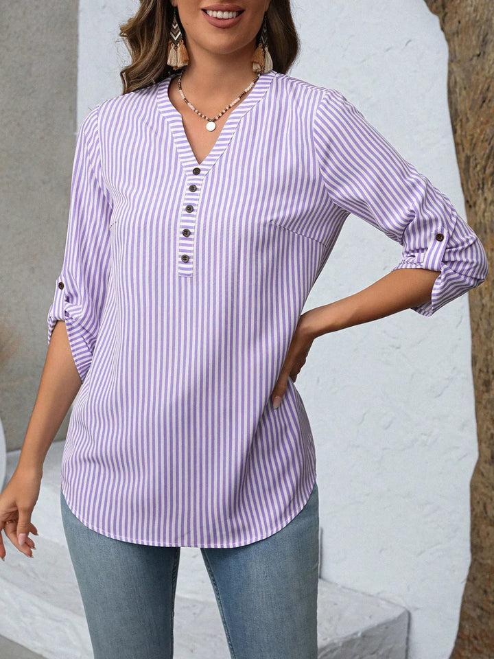 Blusa veraniega de rayas para mujer, cuello V, manga enrollable, tejido transpirable, casual.