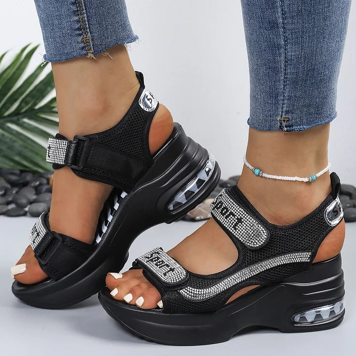 Sandalias de mujer con cristales brillantes y plataforma, cómodas para moda de verano. Calzado femenino casual.
