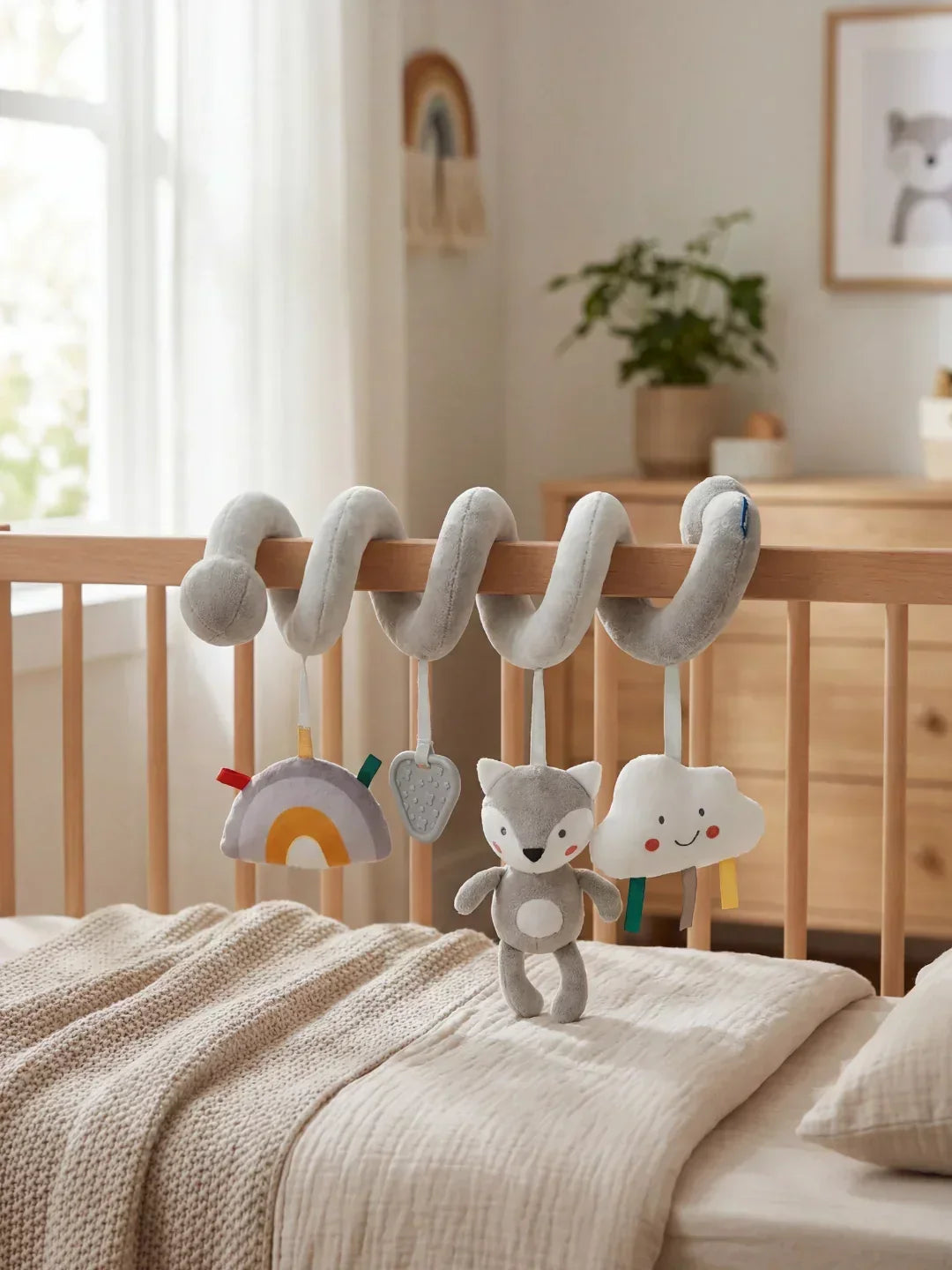 Juguete espiral de actividades adaptable para bebés, con diseño de elefante, luna y lobo. Para cuna, cochecito.