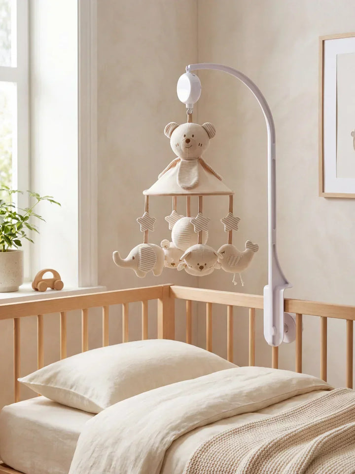 Decoración de cuna: móvil musical de madera para bebé, incluye brazo soporte seguro y figuras.
