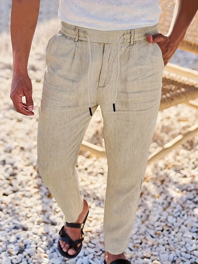 Ropa fresca: pantalones de lino para hombre con cordón, transpirables y cómodos para el calor.
