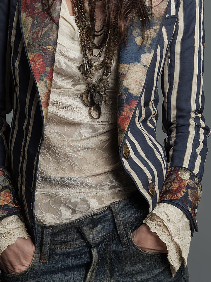 Blazer casual elegante con estampado floral y rayas, toque bohemio perfecto para tu outfit diario.